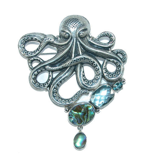 31985A Sterling Silver Octopus Pin Pendant with Paua Shell & Stones