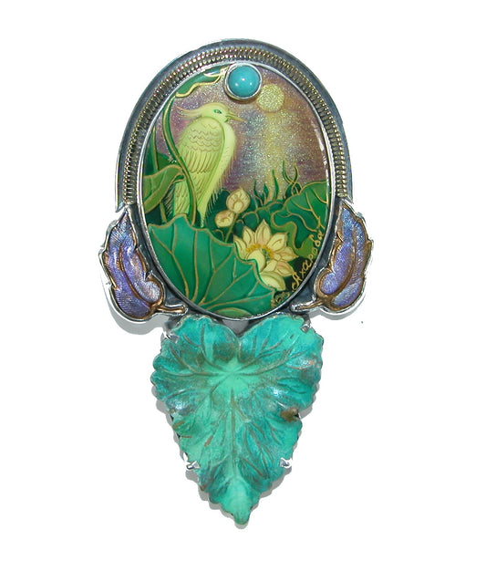 Hand Painted Crane on Mother of Pearl with Hand Enameled Leaf and Amazonite Sterling Silver Pin Pendant
