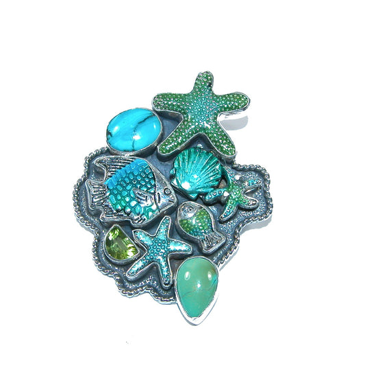 31989 Hand Enameled Sealife with Turquoise and Peridot Sterling Silver Pin and Pendant 31989