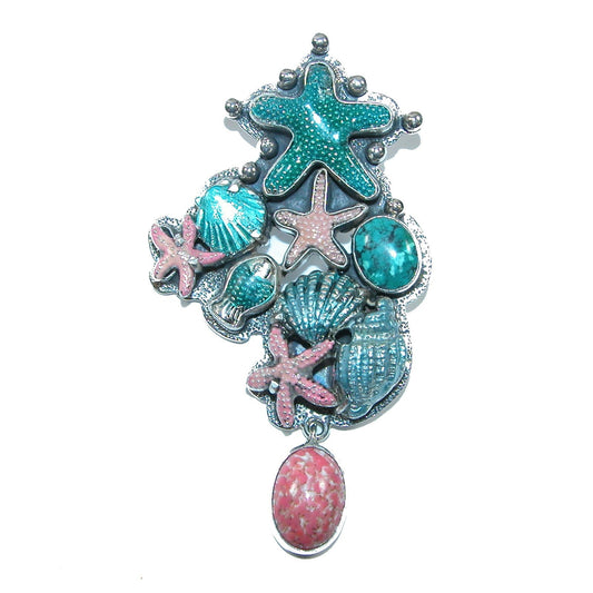 Hand Enamel, Turquoise, Sealife Sterling Silver Pin and Pendant 31992