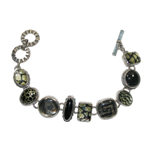 31998 Gold Foil Under Quartz, Tapestry, Black Onyx Sterling Silver Bracelet