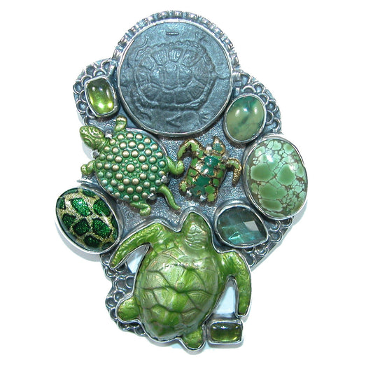Hand Enamel Turtle, Coin, Labradorite, Green Turquoise Sterling Silver Pin Pendant
