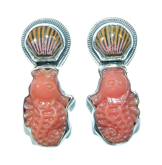 32005 Hand Carved Seahorse, Hand Enameling Seashell Sterling Silver Earrings