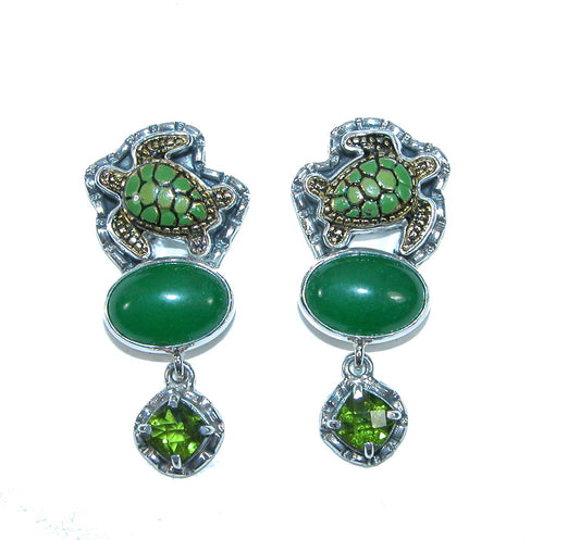 32011 Green Agate Turtle Enameled Sterling Silver Earrings