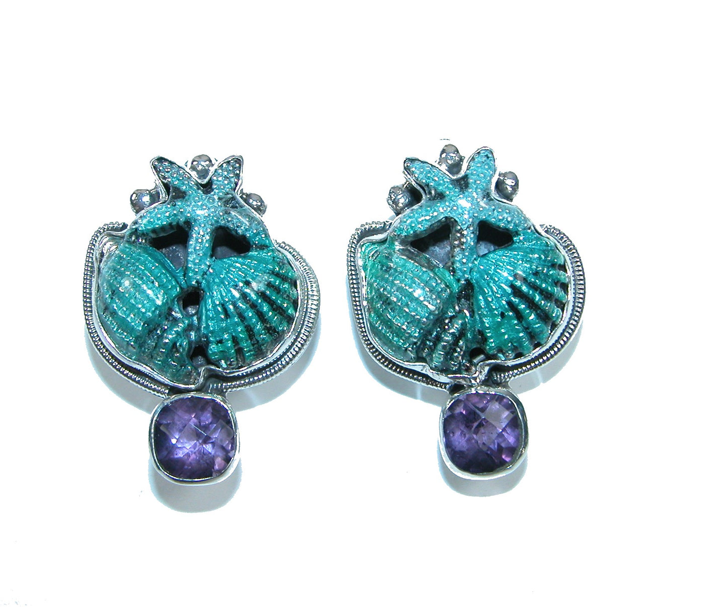 Amethyst Hand Enameled Sealife Sterling Silver Earrings