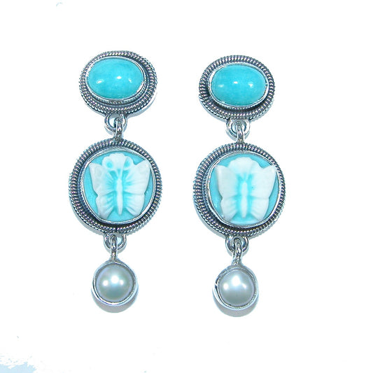 32026L Turquoise, Butterfly Cameo, Sterling Silver Earrings