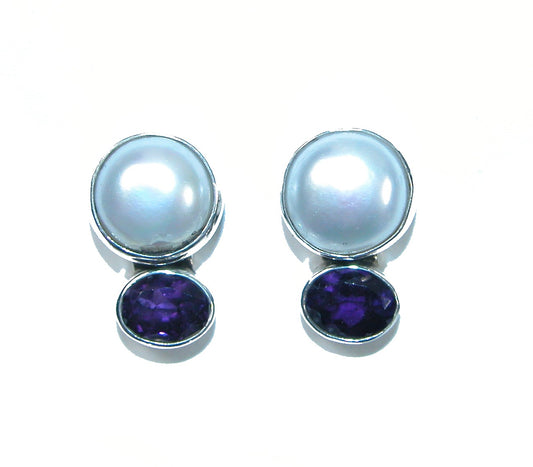 32029A Mabe Pearl Faceted Amethyst Drop Sterling Silver Earring