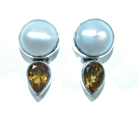 32029 Mabe Pearl Faceted Citrine Tear Drop Sterling Silver Earring