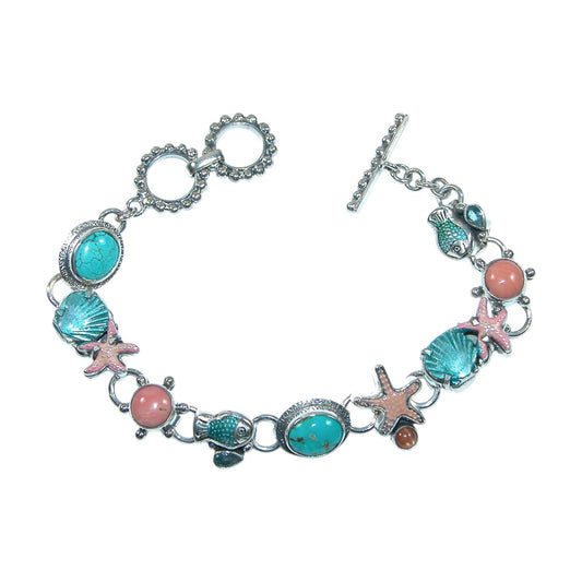 Turquoise, Coral Sealife Sterling Silver Bracelet