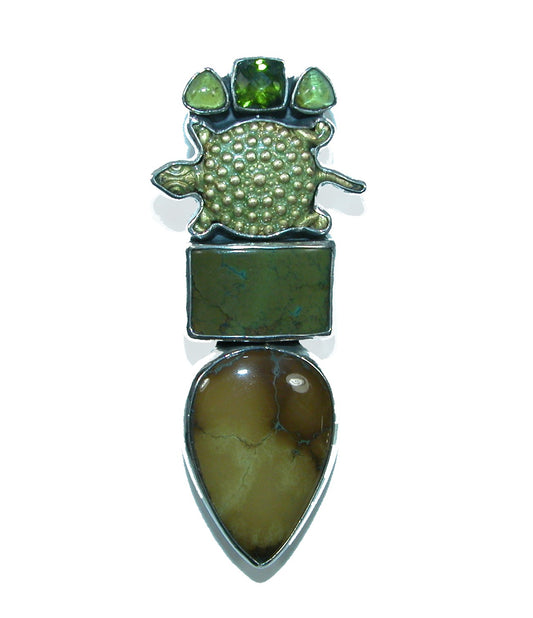 32036 Vesuvianite, Turquoise, Hand Enameling Sterling Silver Pin and Pendant