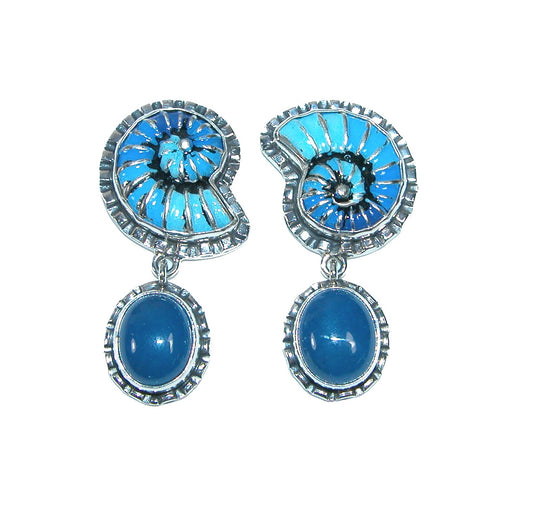32037 Hand Enameling Shel, Blue Onyx Sterling Silver Earrings