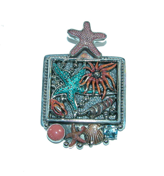 32038 Topaz, Coral, Hand Enameling Sealife Sterling Silver Pin and Pendant