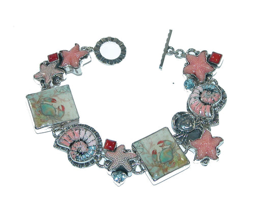 Handmade Tile, Blue Topaz, Coral Sterling Silver Bracelet