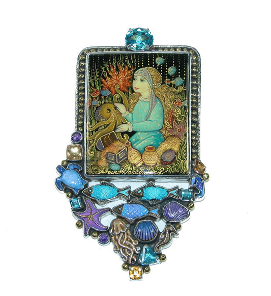 Hand Painted Miniature of Girl on Black Onyx with Gemstones Pin Pendant