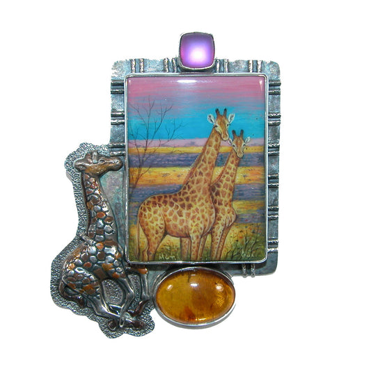 32051 Baltic Amberr, Celestial Onyx Giraffe Sterling Silver Pin and Pendant