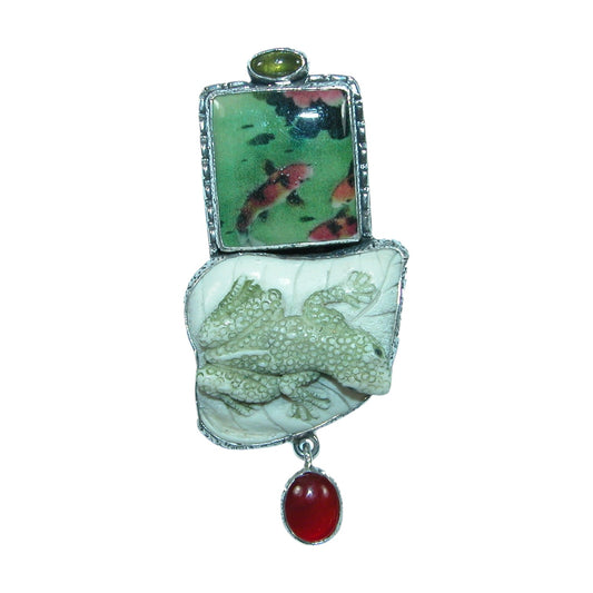 Hand Made Tile, Carved Frog, Carnelian Sterling Silver Pin and Pendant