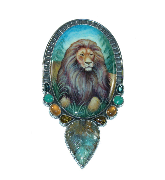 Lion Hand Painted Sterling Silver Pin and Pendant
