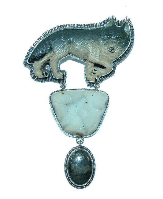 Hand Carved Bone Wolf with Brazilian Drusy Agate