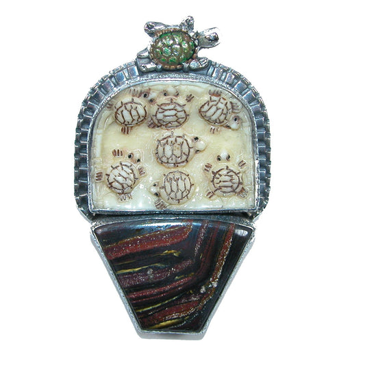 32066 Carved Antler, Tiger Iron Sterling Silver Pin and Pendant