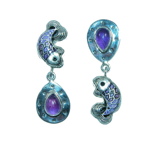 32072A Amethyst Fish Sterling Silver Dangle Earrings