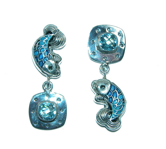 32072B Blue Topaz Fish Sterling Silver Dangle Earrings