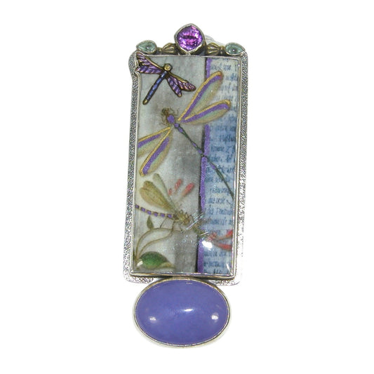 32075A Hand Made Dragonfly Tile with Amethyst Sterling Silver Pin and Pendant