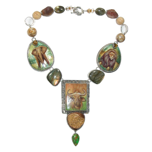 Safari Animal Hand Painted Miniatures on Mother of Pearl, Black Onyx, Labradorite, Whiskey Quartz Necklace