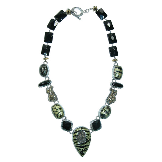 32079 Black Onyx, Quartz, Drusy Safari Beaded Sterling Silver Necklace
