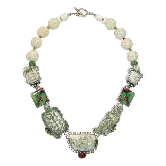 Carved Turtle, Lizard, Hand Made Tile Beaded Sterling Silver Necklace