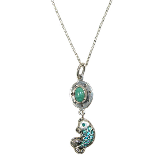 32084A Turquoise Fish Hand Enameling Sterling Silver Necklace