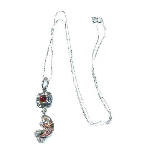 32084 Carnelian, Hand Enameling Fish Sterling Silver Necklace