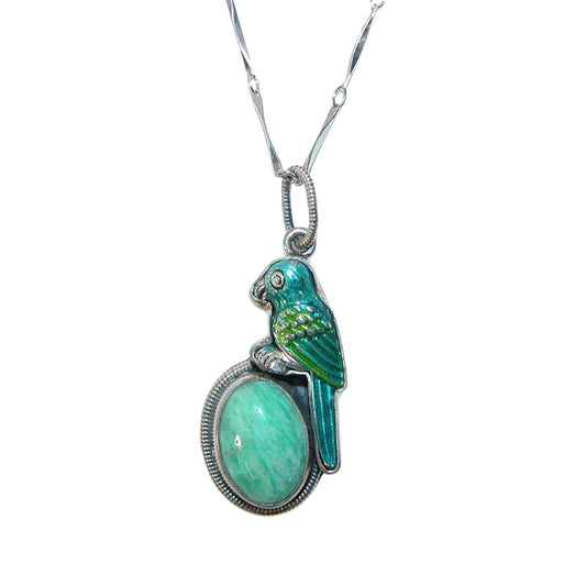 32093C Hand Enameling Parrot, Turquoise Sterling Silver Necklace