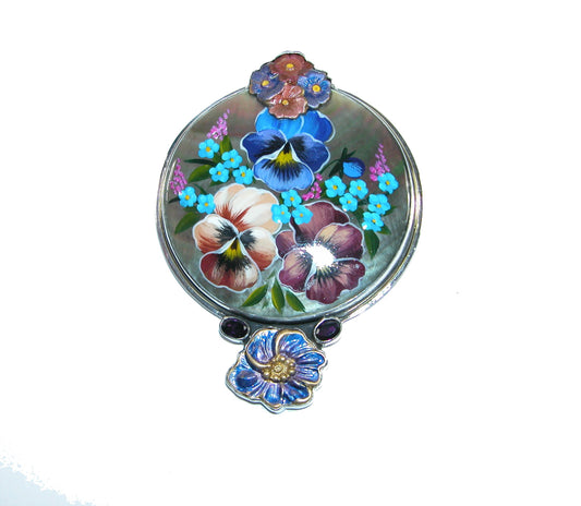 Hand Carved Turquoise, Hand Enameling, Quartz, Sterling Silver Pin and Pendant 32103