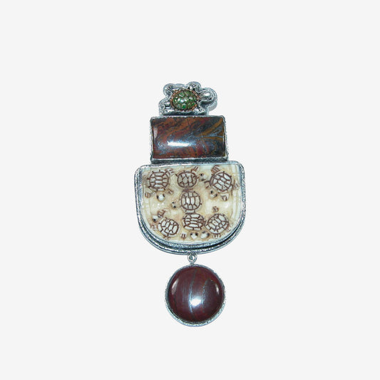 32106 Hand-Carved Bone Turtle, Jasper, Sterling Silver Pin / Pendant