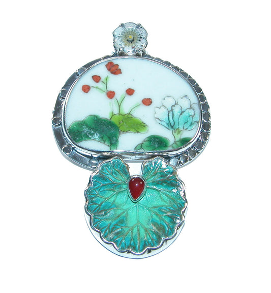 Carnelian, Painted Porcelain Sterling Silver Pin and Pendant