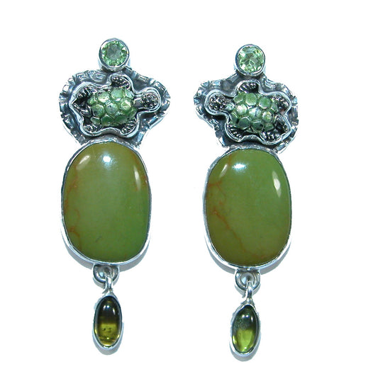32108 Peridot and Turquoise with Hand Enameled Sea Turtles Sterling Silver Earrings