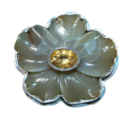 Hand Carved Agate Flower with Citrine Sterling Pin and Pendant