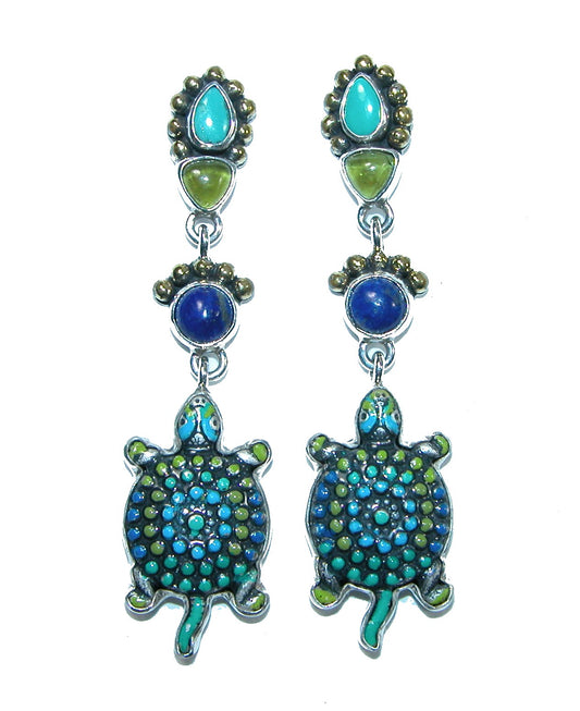Turuquoise, Peridot and Lapis Hand Enameled Turtle Dangle Sterling Silver Earrings