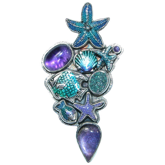 32119 Purple and Teal Sealife Cluster Sterling Silver Pin and Pendant