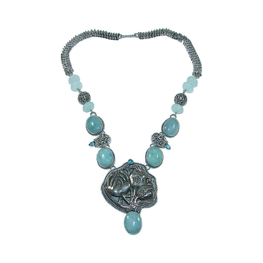 Blue Topaz, Aquamarine, Antique Silver Beaded Sterling Silver Necklace