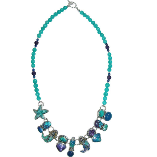 Turquoise, Hand Enamel Sealife Beaded Sterling Silver Necklace
