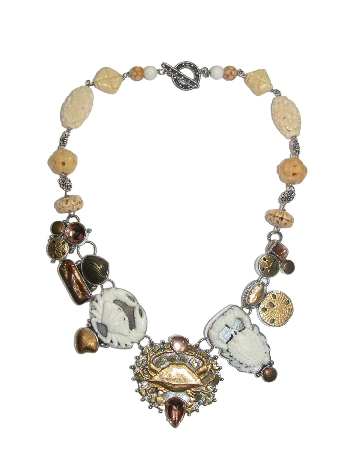 32123 Hand Carved Bone, Celestial Quartz, Freshwater Pearl Sterling Silver Necklace