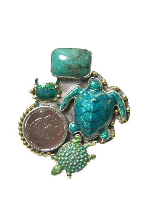 Turquoise Turtle Cluster Sterling Silver Pin and Pendant