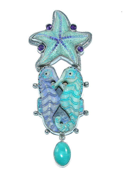Hand Carved Bone Sealife with Amazonite and Amethyst Sterling Silver Pin Pendant