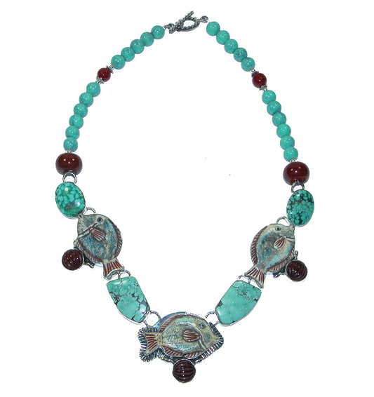 Turquoise Beaded Fish Sterling Silver Necklace