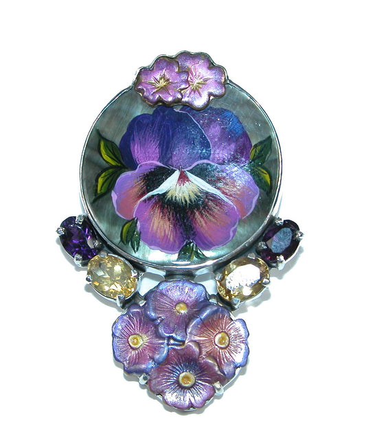32130 Amethyst, Citrine, Hand Painted Mother of Pearl Floral Sterling Silver Pin and Pendant