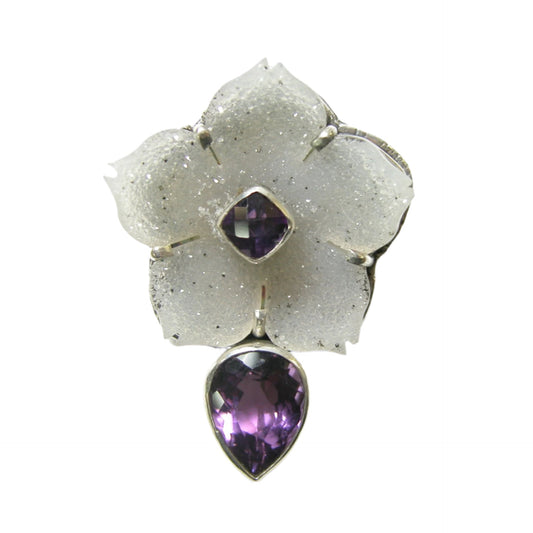 Drusy Flower with Amethyst Sterling Silver Pin Pendant