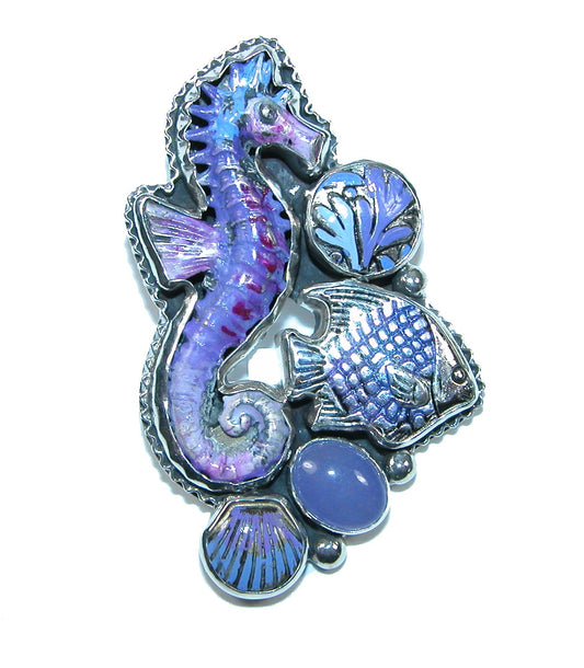 32133 Purple Agate, Hand Enameled Seahorse Sterling Silver Pin and Pendant