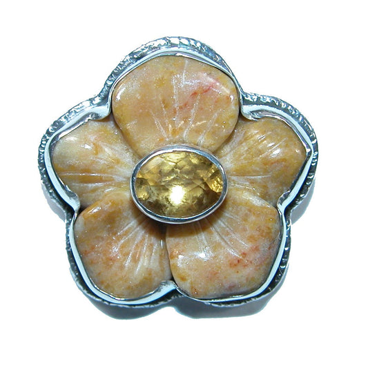32136 Carved Flower Citrine Sterling Silver Pin and Pendant