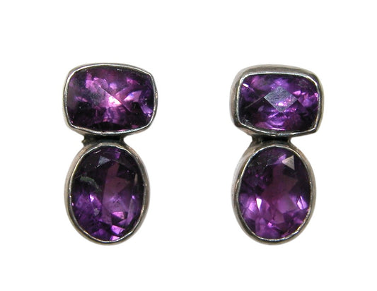 32144A Faceted Amethyst Sterling Silver 2 Stone Earring